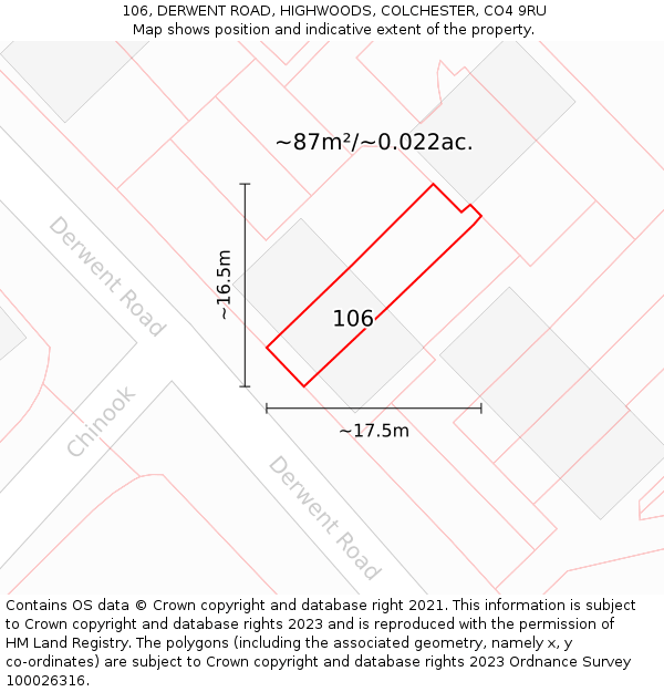 106, DERWENT ROAD, HIGHWOODS, COLCHESTER, CO4 9RU: Plot and title map