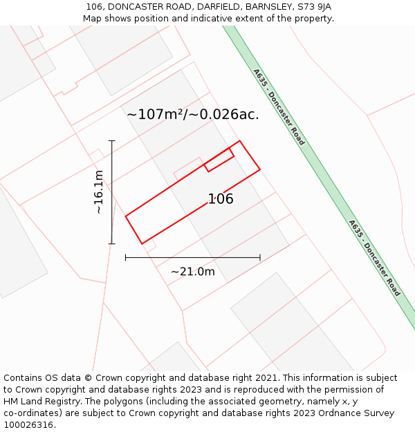 106, DONCASTER ROAD, DARFIELD, BARNSLEY, S73 9JA: Plot and title map