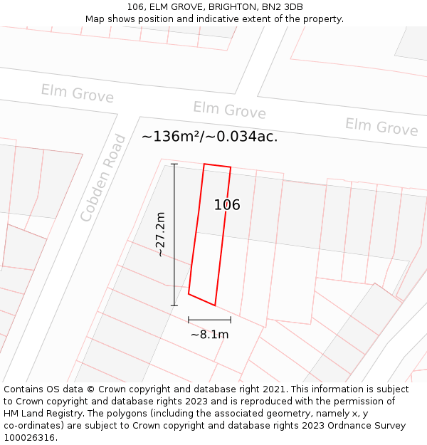 106, ELM GROVE, BRIGHTON, BN2 3DB: Plot and title map