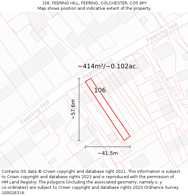 106, FEERING HILL, FEERING, COLCHESTER, CO5 9PY: Plot and title map