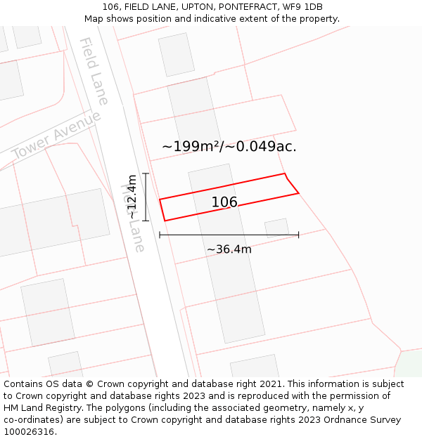 106, FIELD LANE, UPTON, PONTEFRACT, WF9 1DB: Plot and title map