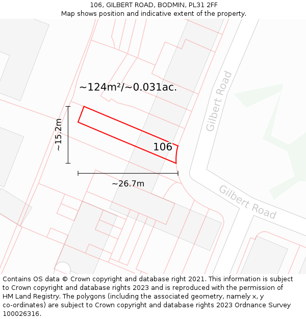 106, GILBERT ROAD, BODMIN, PL31 2FF: Plot and title map