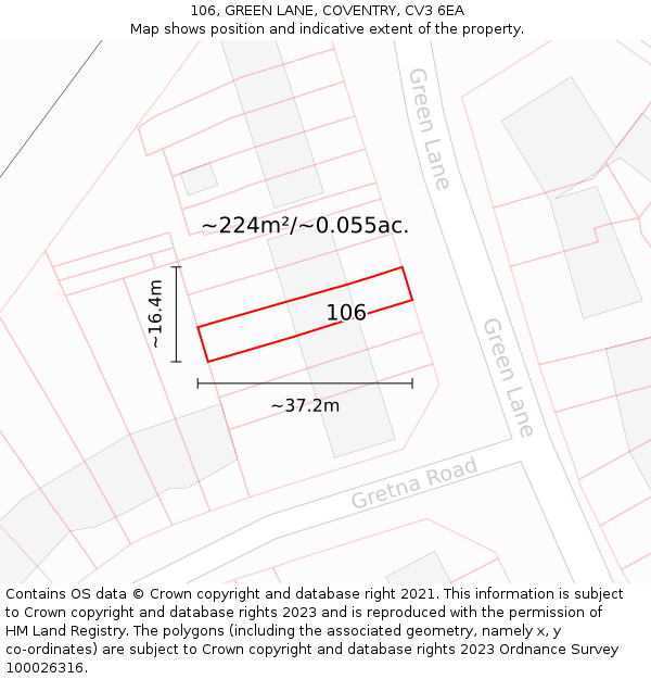 106, GREEN LANE, COVENTRY, CV3 6EA: Plot and title map