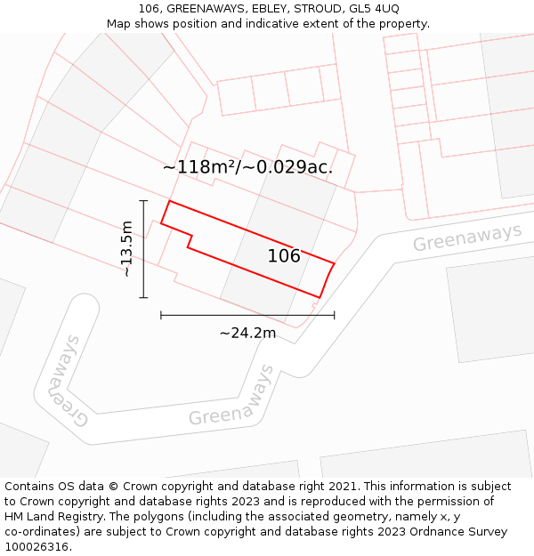 106, GREENAWAYS, EBLEY, STROUD, GL5 4UQ: Plot and title map