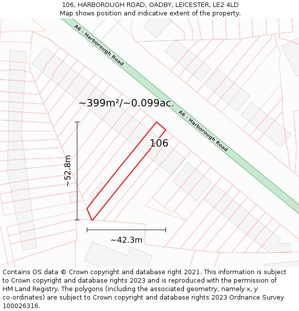 106, HARBOROUGH ROAD, OADBY, LEICESTER, LE2 4LD: Plot and title map