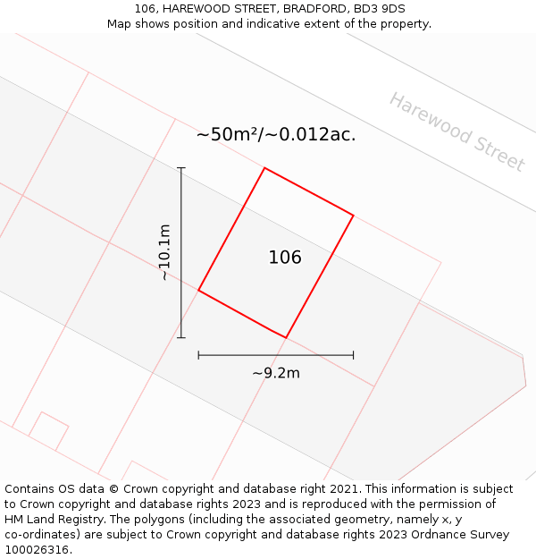 106, HAREWOOD STREET, BRADFORD, BD3 9DS: Plot and title map