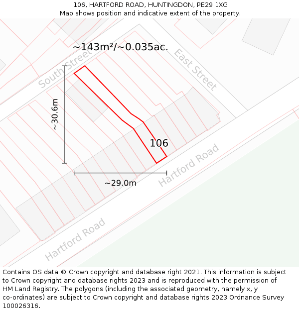 106, HARTFORD ROAD, HUNTINGDON, PE29 1XG: Plot and title map