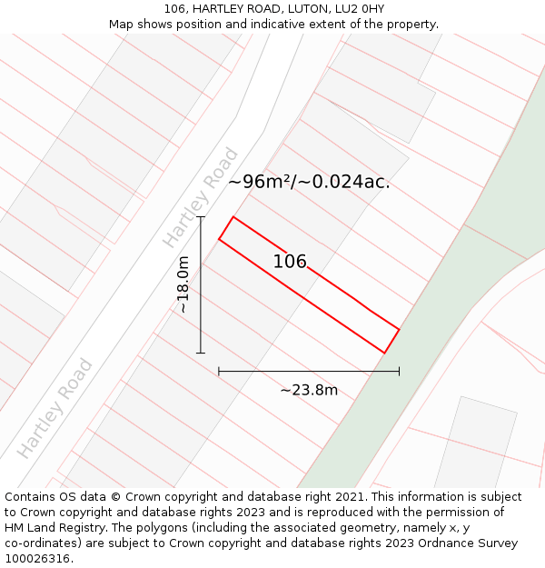 106, HARTLEY ROAD, LUTON, LU2 0HY: Plot and title map