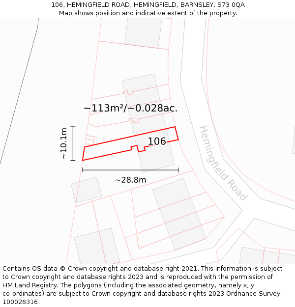 106, HEMINGFIELD ROAD, HEMINGFIELD, BARNSLEY, S73 0QA: Plot and title map