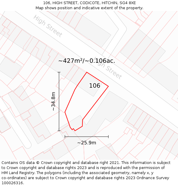 106, HIGH STREET, CODICOTE, HITCHIN, SG4 8XE: Plot and title map