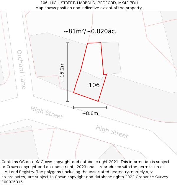 106, HIGH STREET, HARROLD, BEDFORD, MK43 7BH: Plot and title map