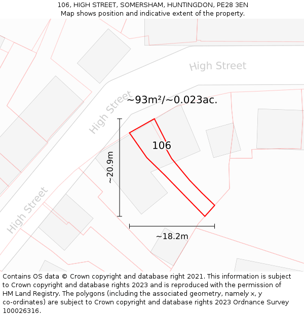 106, HIGH STREET, SOMERSHAM, HUNTINGDON, PE28 3EN: Plot and title map