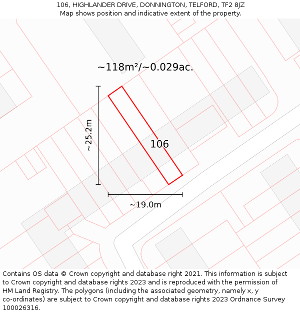 106, HIGHLANDER DRIVE, DONNINGTON, TELFORD, TF2 8JZ: Plot and title map