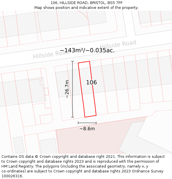 106, HILLSIDE ROAD, BRISTOL, BS5 7PF: Plot and title map