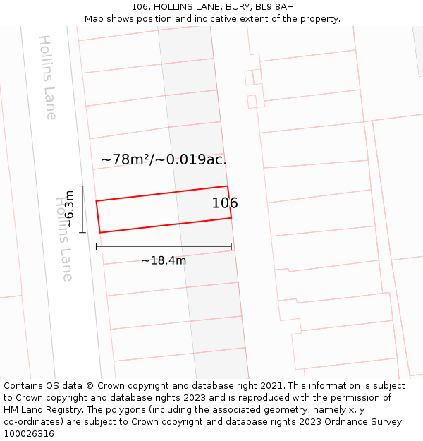 106, HOLLINS LANE, BURY, BL9 8AH: Plot and title map
