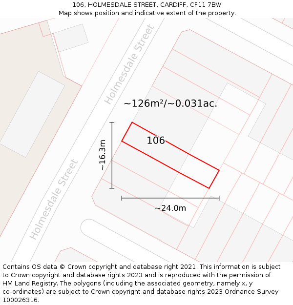 106, HOLMESDALE STREET, CARDIFF, CF11 7BW: Plot and title map