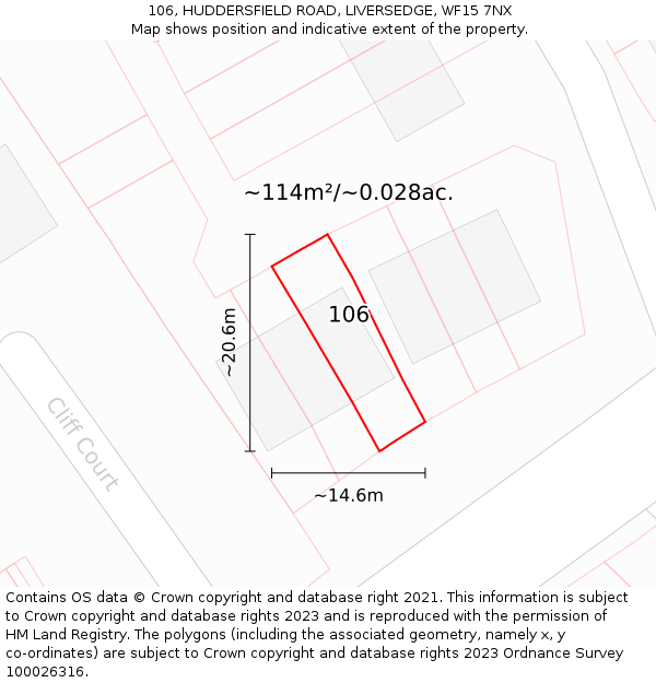 106, HUDDERSFIELD ROAD, LIVERSEDGE, WF15 7NX: Plot and title map