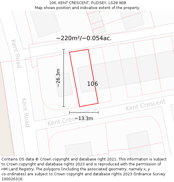 106, KENT CRESCENT, PUDSEY, LS28 9EB: Plot and title map