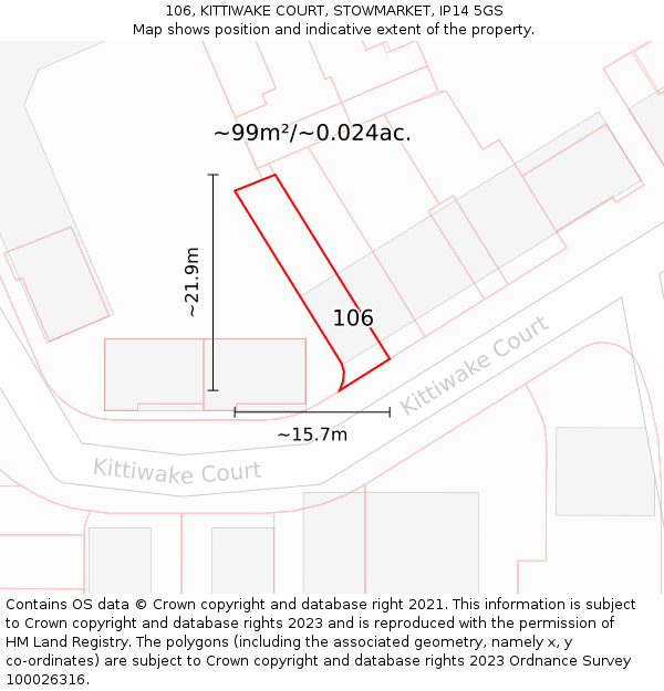 106, KITTIWAKE COURT, STOWMARKET, IP14 5GS: Plot and title map