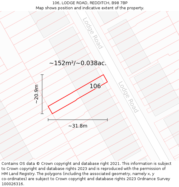 106, LODGE ROAD, REDDITCH, B98 7BP: Plot and title map