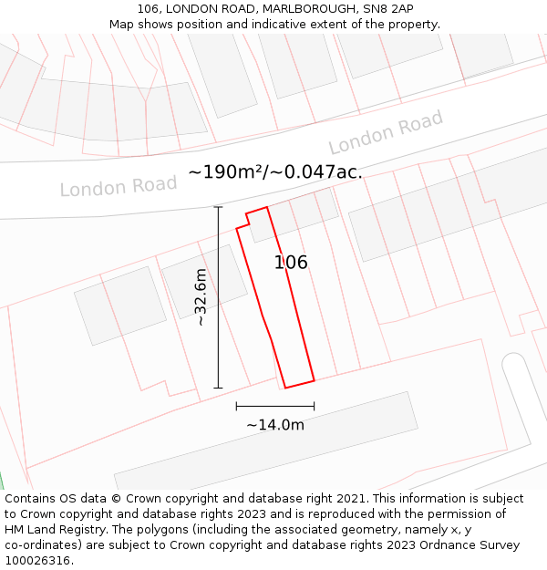 106, LONDON ROAD, MARLBOROUGH, SN8 2AP: Plot and title map