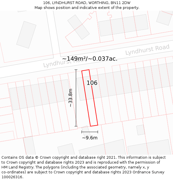 106, LYNDHURST ROAD, WORTHING, BN11 2DW: Plot and title map