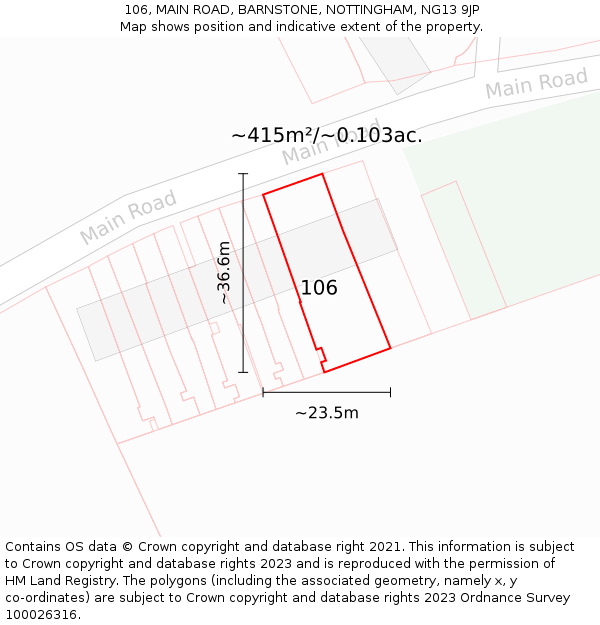 106, MAIN ROAD, BARNSTONE, NOTTINGHAM, NG13 9JP: Plot and title map