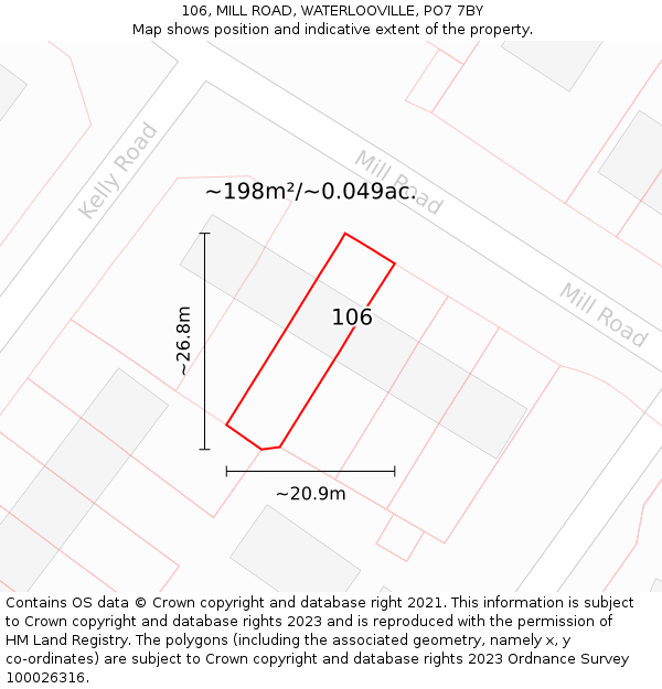 106, MILL ROAD, WATERLOOVILLE, PO7 7BY: Plot and title map