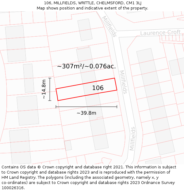106, MILLFIELDS, WRITTLE, CHELMSFORD, CM1 3LJ: Plot and title map