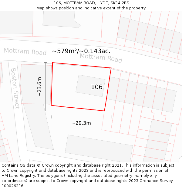 106, MOTTRAM ROAD, HYDE, SK14 2RS: Plot and title map