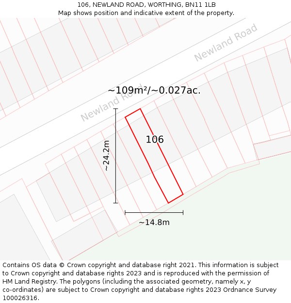 106, NEWLAND ROAD, WORTHING, BN11 1LB: Plot and title map
