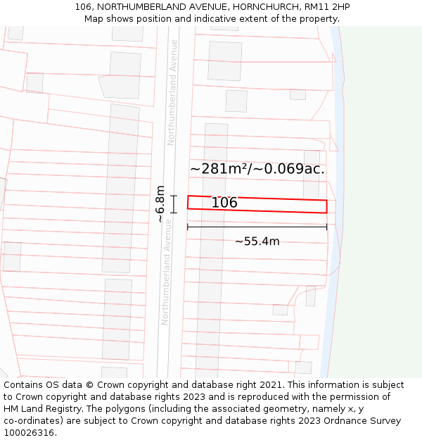 106, NORTHUMBERLAND AVENUE, HORNCHURCH, RM11 2HP: Plot and title map