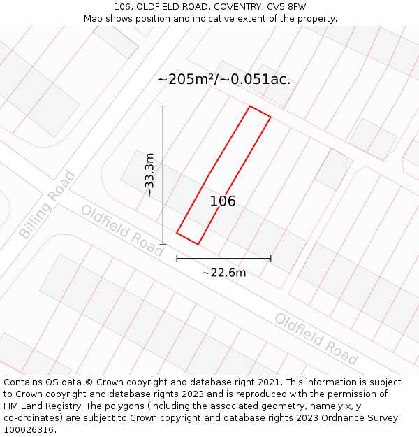 106, OLDFIELD ROAD, COVENTRY, CV5 8FW: Plot and title map