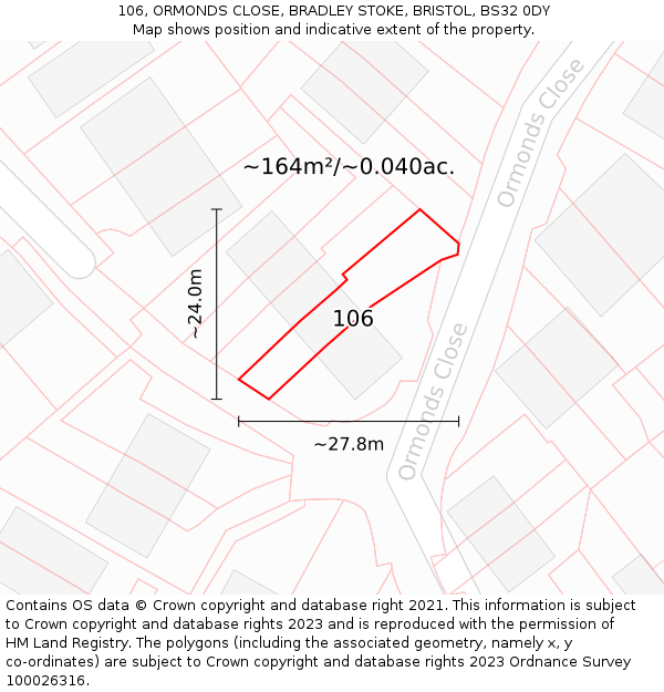 106, ORMONDS CLOSE, BRADLEY STOKE, BRISTOL, BS32 0DY: Plot and title map