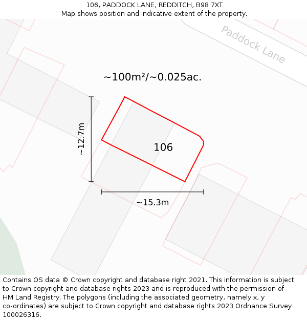 106, PADDOCK LANE, REDDITCH, B98 7XT: Plot and title map