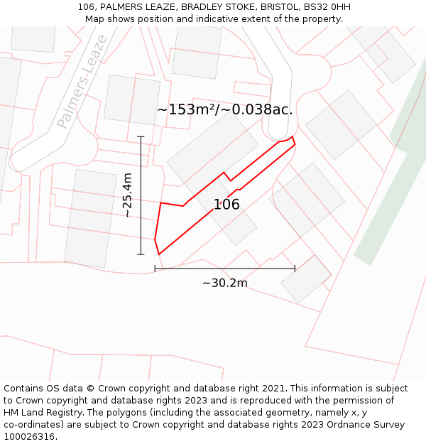 106, PALMERS LEAZE, BRADLEY STOKE, BRISTOL, BS32 0HH: Plot and title map