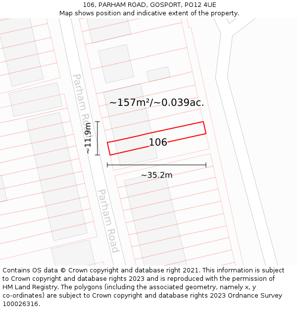 106, PARHAM ROAD, GOSPORT, PO12 4UE: Plot and title map