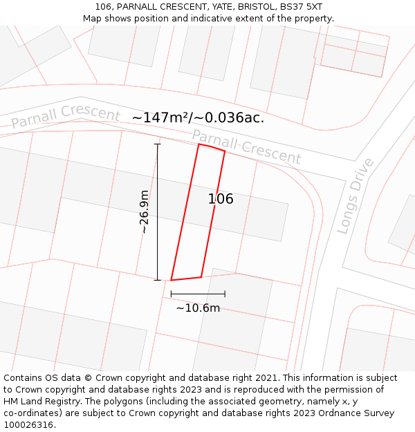 106, PARNALL CRESCENT, YATE, BRISTOL, BS37 5XT: Plot and title map