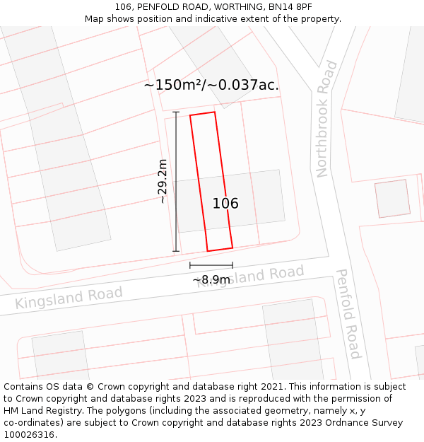 106, PENFOLD ROAD, WORTHING, BN14 8PF: Plot and title map