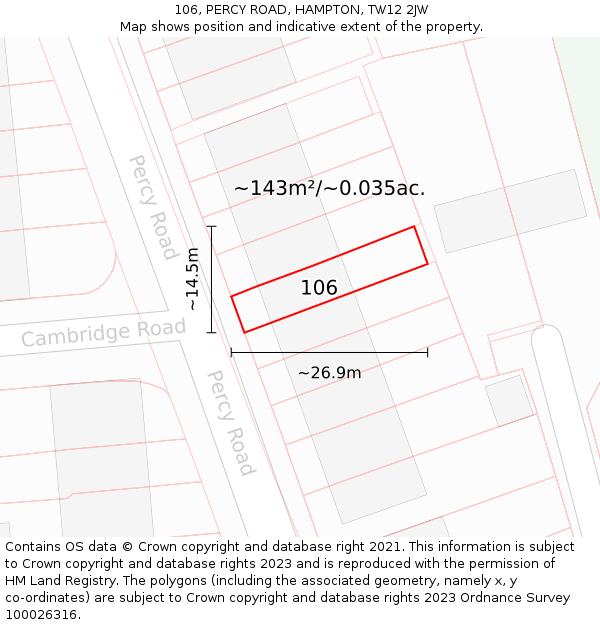 106, PERCY ROAD, HAMPTON, TW12 2JW: Plot and title map