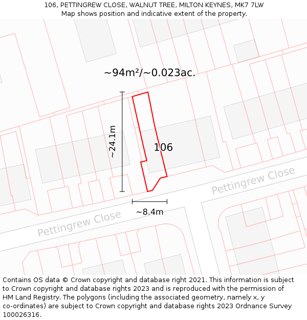 106, PETTINGREW CLOSE, WALNUT TREE, MILTON KEYNES, MK7 7LW: Plot and title map