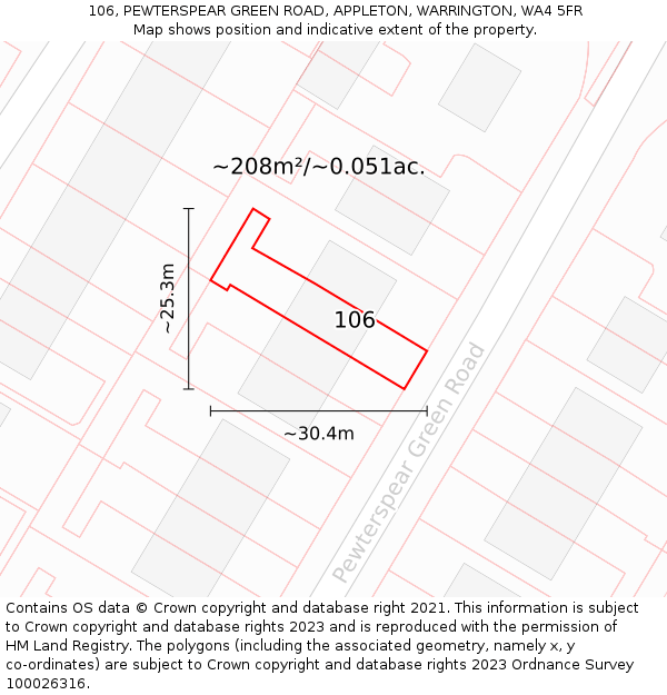 106, PEWTERSPEAR GREEN ROAD, APPLETON, WARRINGTON, WA4 5FR: Plot and title map