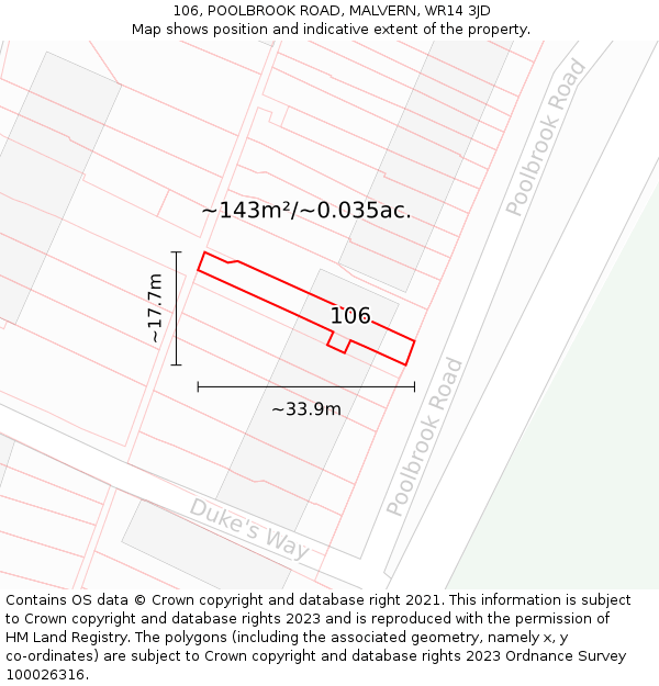 106, POOLBROOK ROAD, MALVERN, WR14 3JD: Plot and title map