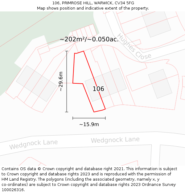 106, PRIMROSE HILL, WARWICK, CV34 5FG: Plot and title map