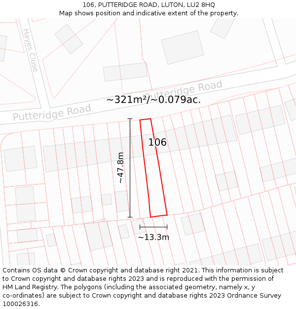 106, PUTTERIDGE ROAD, LUTON, LU2 8HQ: Plot and title map