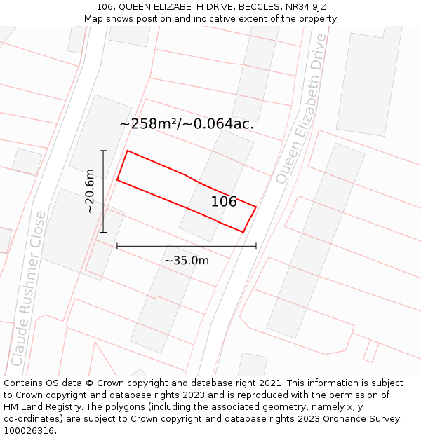 106, QUEEN ELIZABETH DRIVE, BECCLES, NR34 9JZ: Plot and title map
