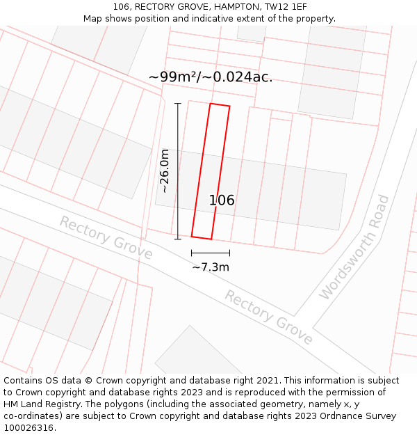 106, RECTORY GROVE, HAMPTON, TW12 1EF: Plot and title map