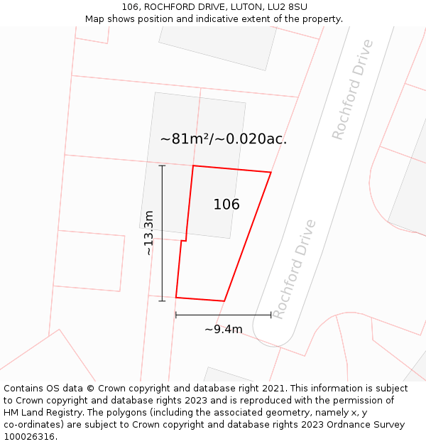 106, ROCHFORD DRIVE, LUTON, LU2 8SU: Plot and title map