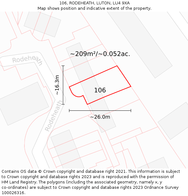 106, RODEHEATH, LUTON, LU4 9XA: Plot and title map
