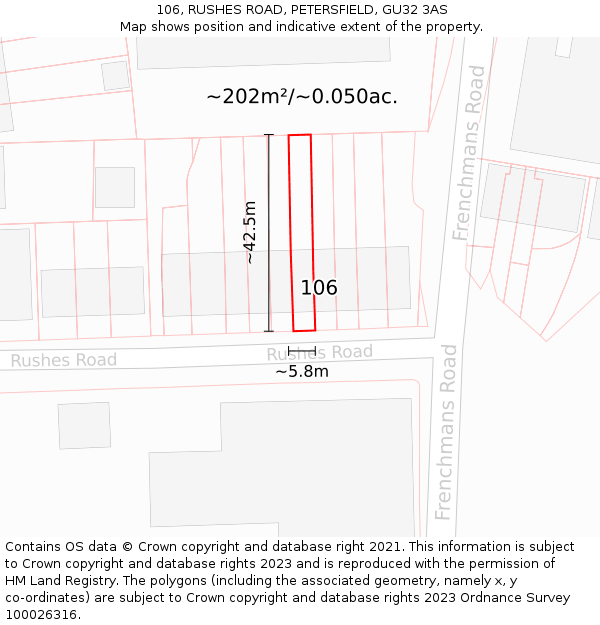 106, RUSHES ROAD, PETERSFIELD, GU32 3AS: Plot and title map